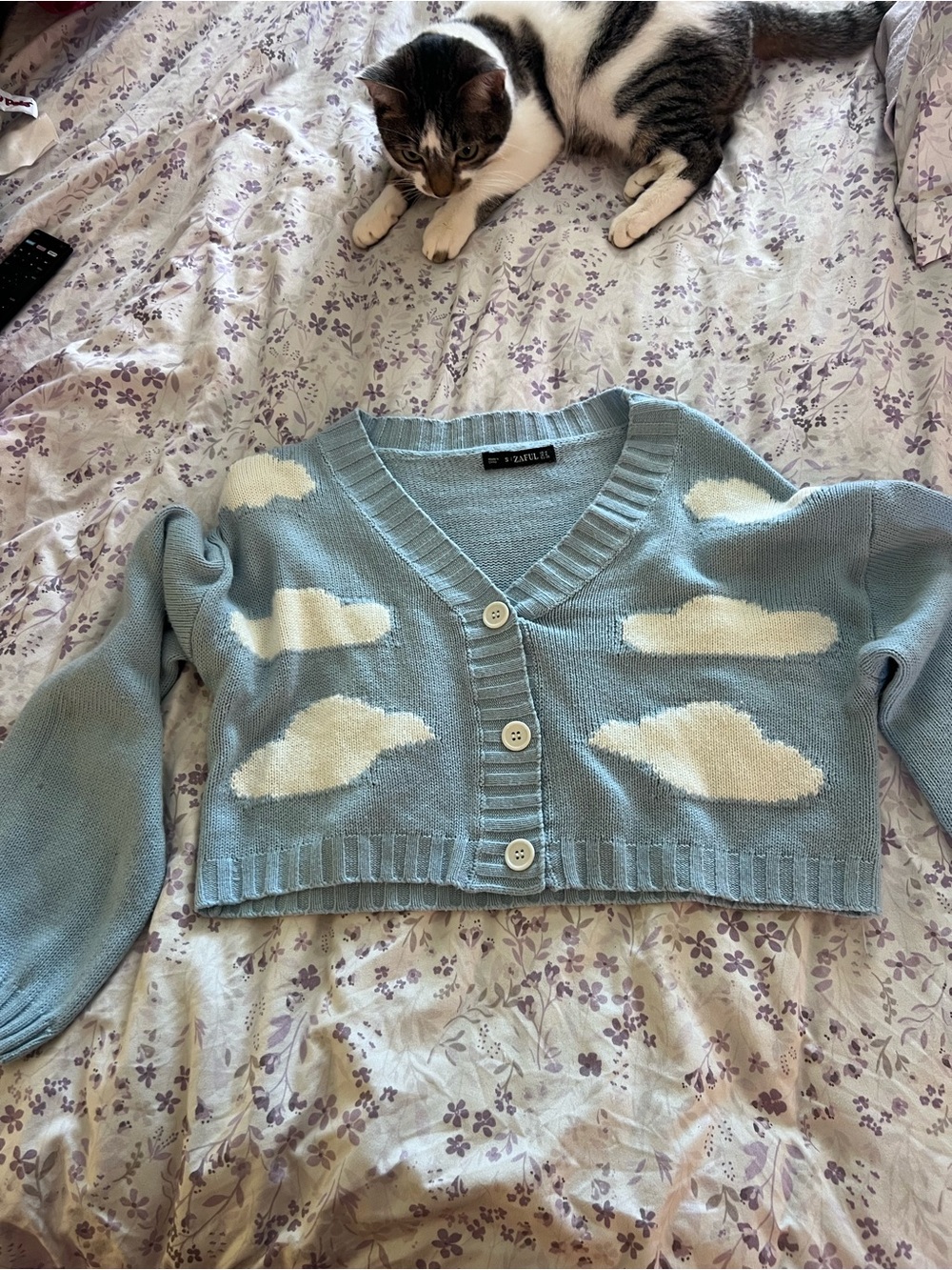 Zaful Light Blue Cloud Pattern Cropped Cardigan